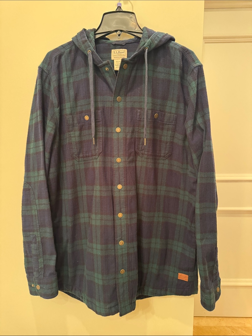 L.L. Bean Men's Plaid Hooded Button-Down Shirt - Blue, Green